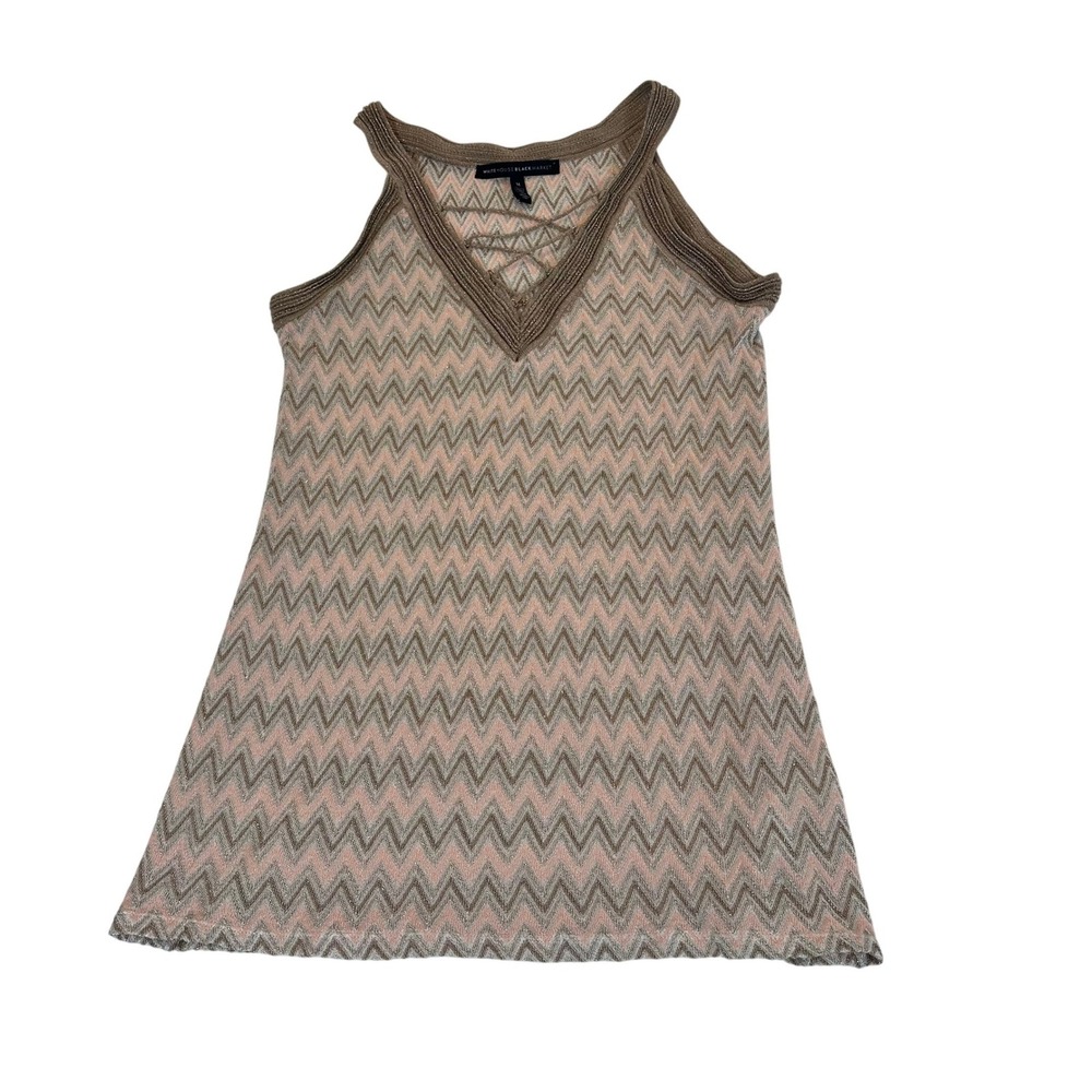 White House Black Market Pink Gold Metallic Chevron Zigzag Knit Tank-Women's Med